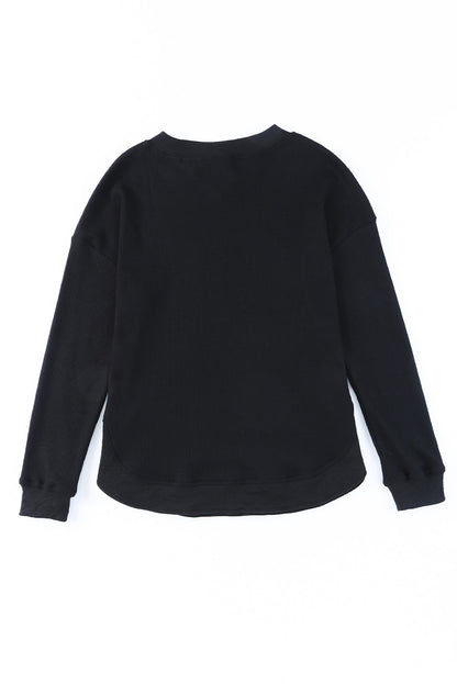 Crew Neck Ribbed Trim Waffle Knit Top | Black