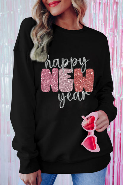 Black Glistening Happy New Year Graphic Sweatshirt