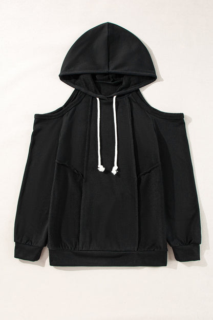 Exposed Seam Cold Shoulder Drawstring Hoodie | Black