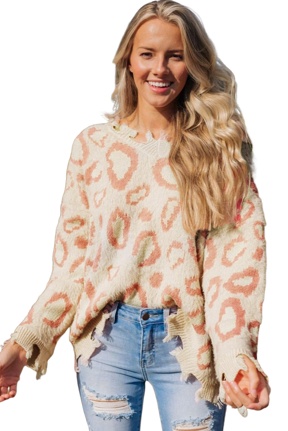 Animal Print Distressed Trim Fuzzy Sweater | Leopard