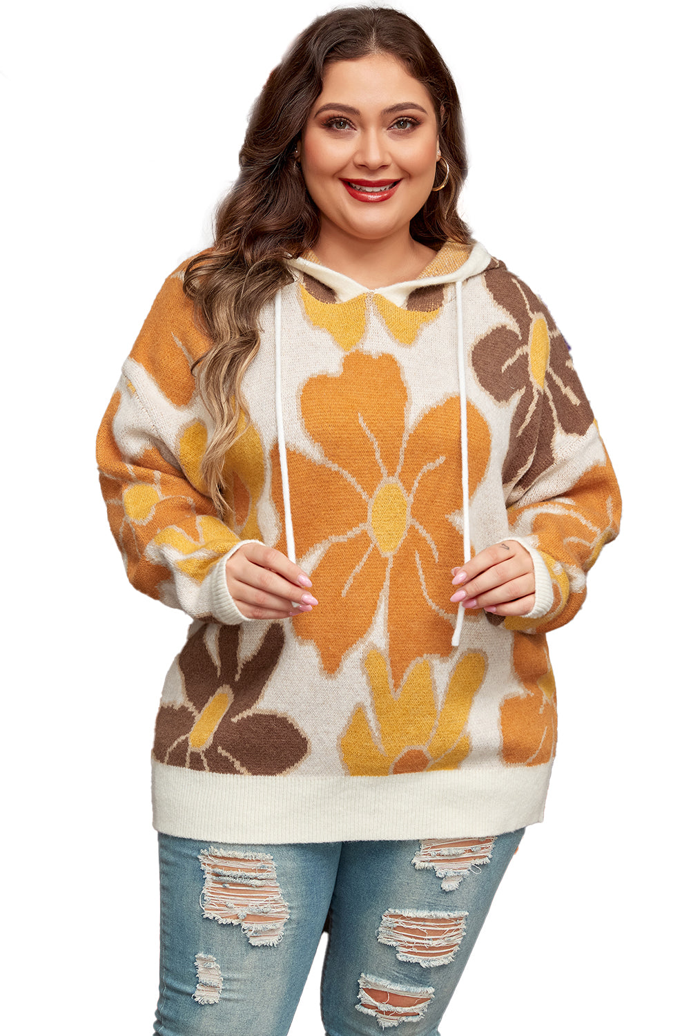 Large Flower Knitted Drawstring Hooded Plus Size Sweater | White