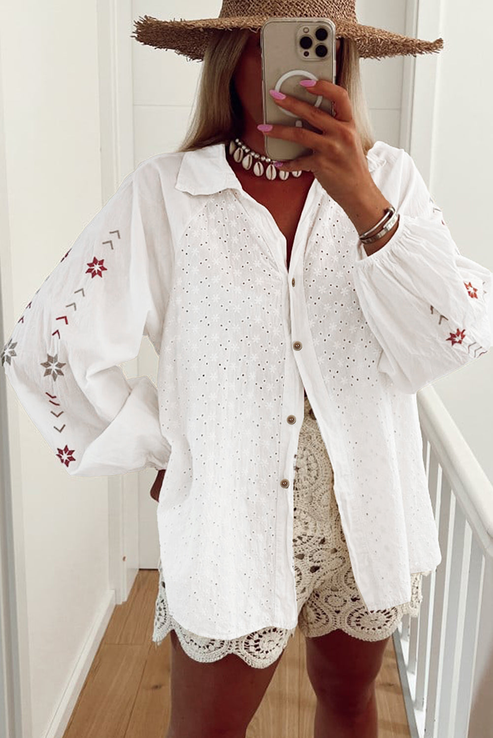 Floral Embroidered Puff Sleeve Eyelet Patchwork Shirt | White