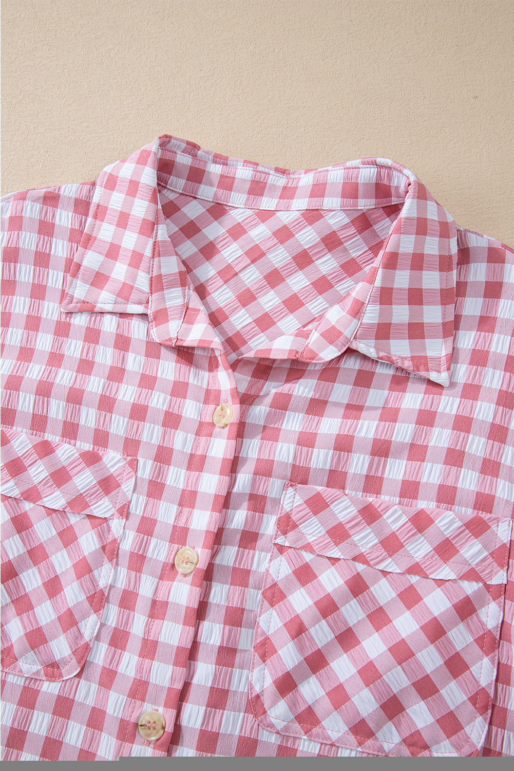 Gingham Print Chest Pockets Buttoned Collared Shirt | Pink