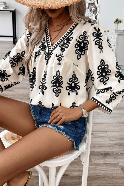 Vintage Geometric Printed 3/4 Sleeve V Neck Blouse | Beige