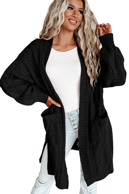 Ribbed Trim Eyelet Cable Knit Cardigan | Black