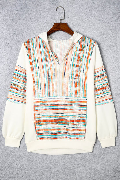 Striped Patchwork V Neck Drop Shoulder Knit Hoodie | Multicolour