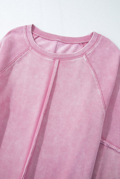 Solid Waffle Knit Patchwork Raglan Sleeve Sweatshirt | Pink