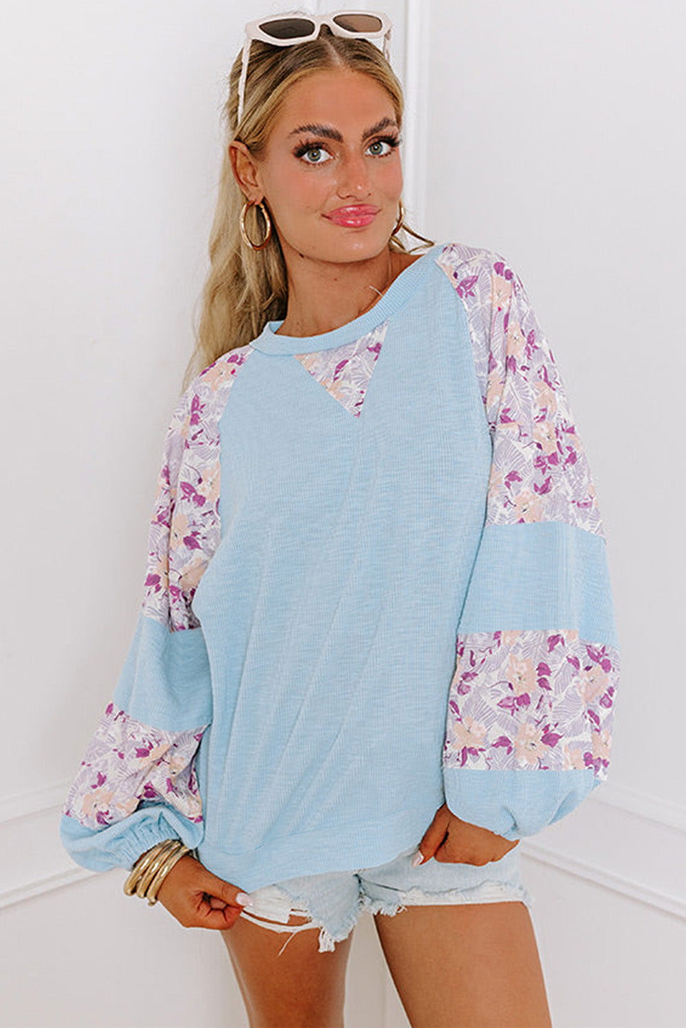 Textured Floral Patchwork Balloon Sleeve Blouse | Beau Blue