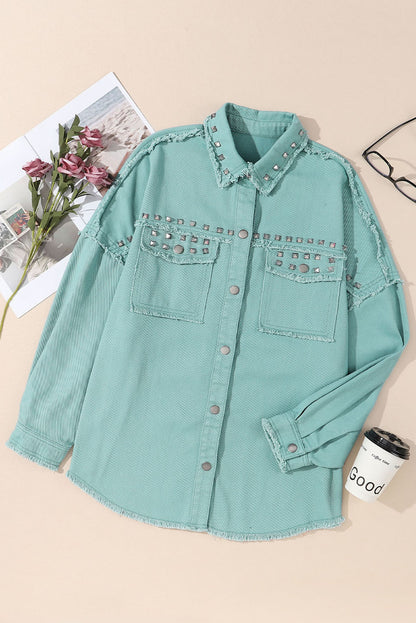 Frayed Trim Riveted Denim Jacket | Mist Green