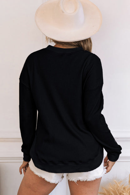 Crew Neck Ribbed Trim Waffle Knit Top | Black