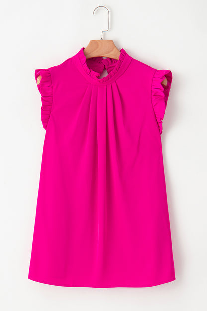 Pleated Mock Neck Frilled Trim Sleeveless Top | Bright Pink