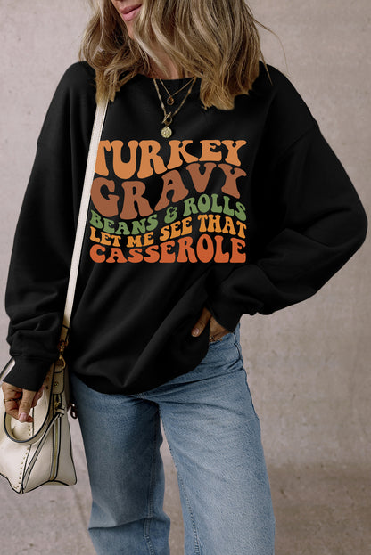 Thanksgiving Slogan Print Drop Shoulder Sweatshirt | Black