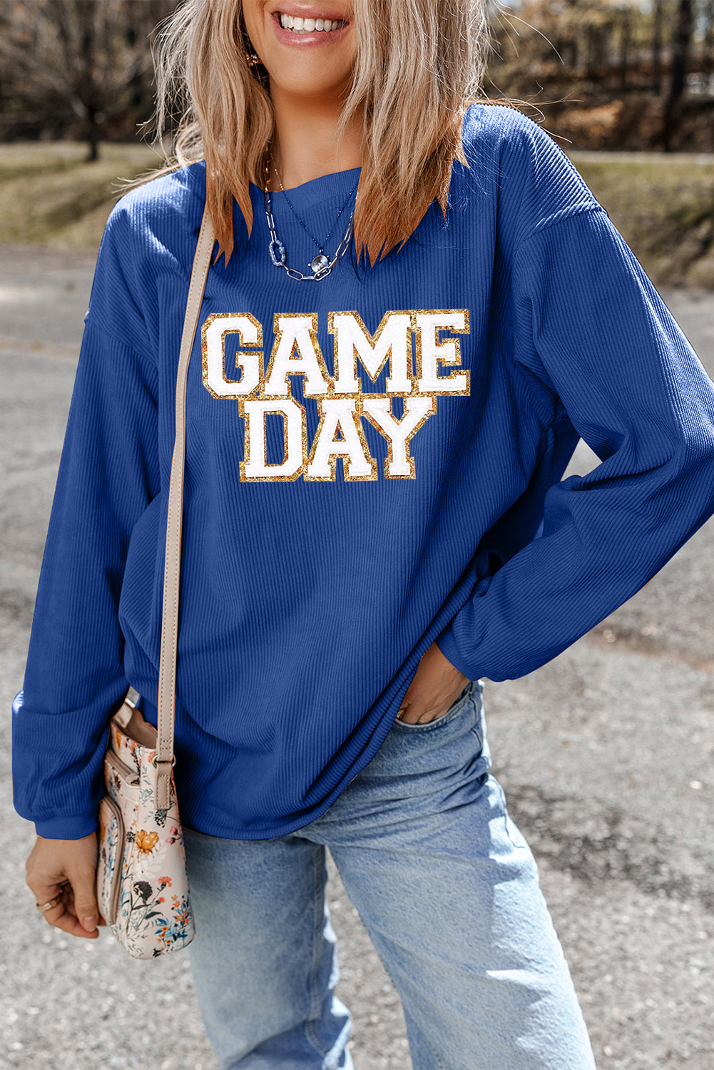 Game Day Glitter Detail Ribbed Drop Shoulder Sweatshirt | Dark Blue