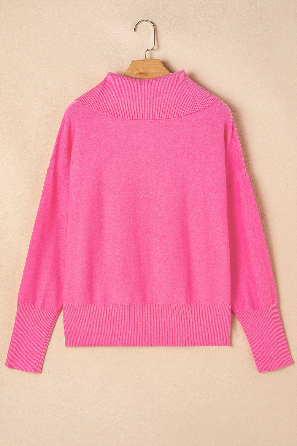 Solid Ribbed Trim Plus Size Zip Collar Sweater | Rose