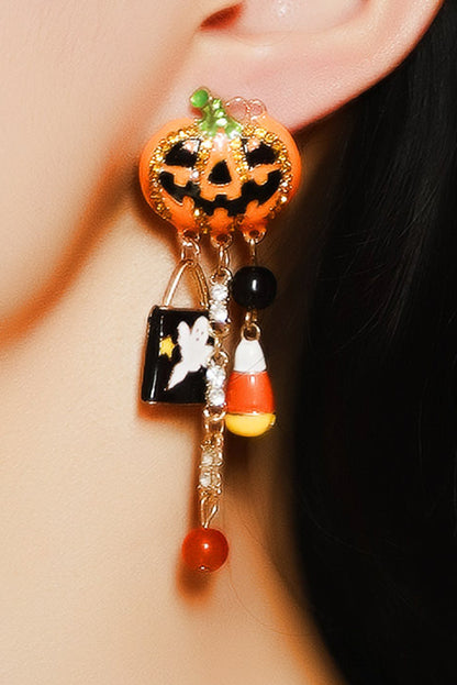 Halloween Rhinestone Pumpkin Ghost Tassel Earrings | Orange