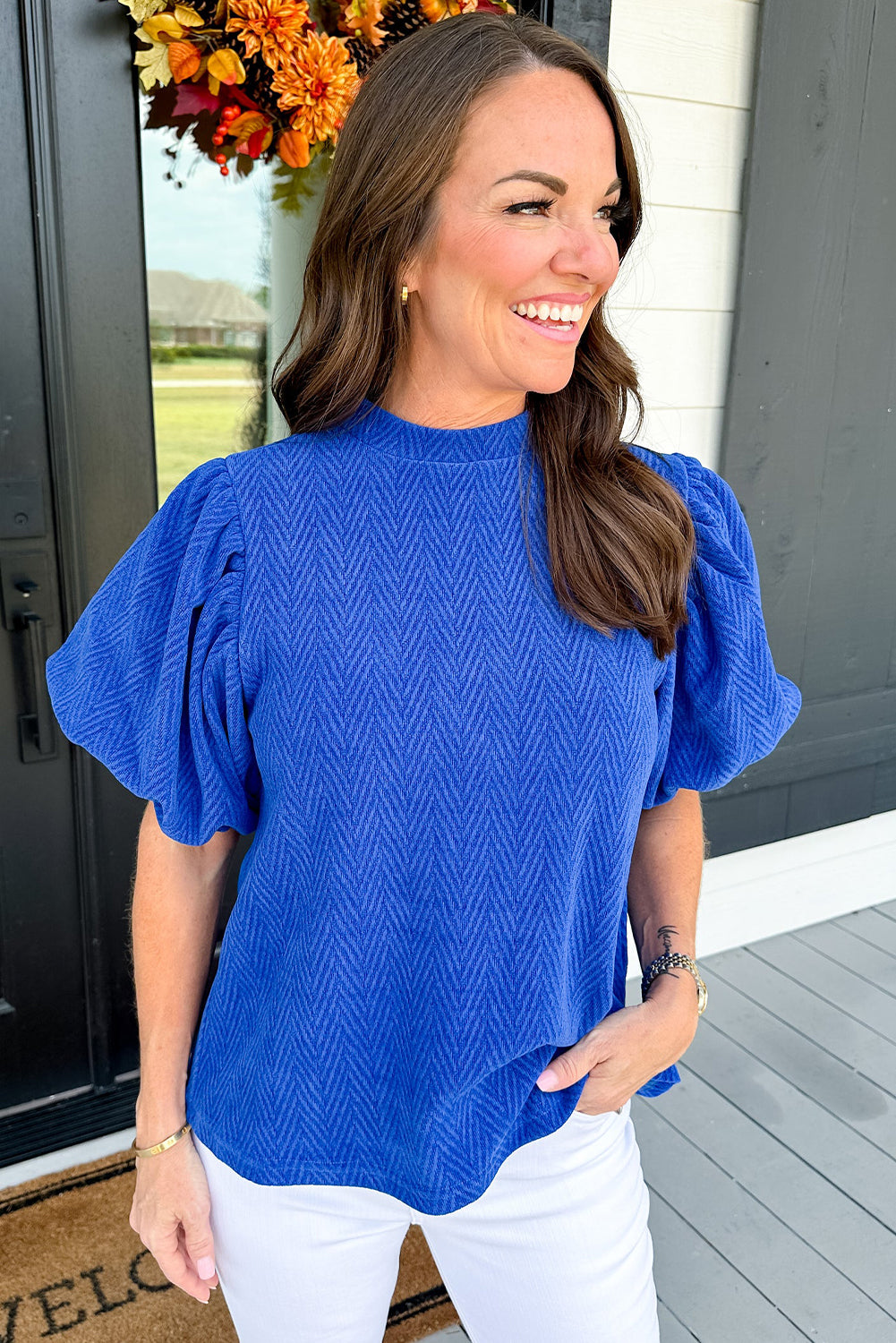 Solid Textured Puff Sleeve Mock Neck Blouse | Sky Blue