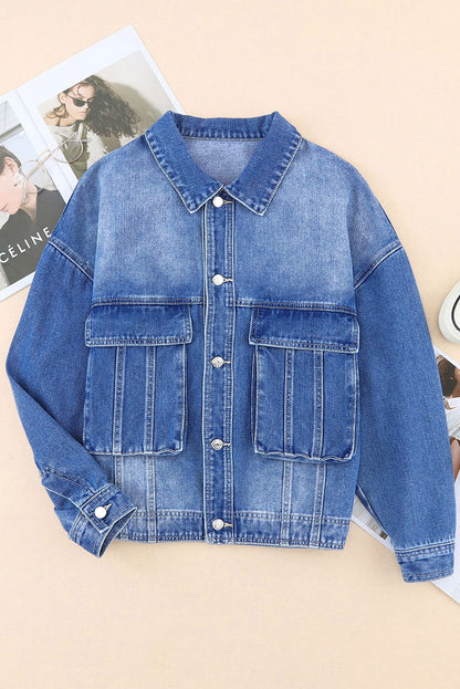 Chest Pockets Drop Shoulder Loose Denim Jacket | Blue