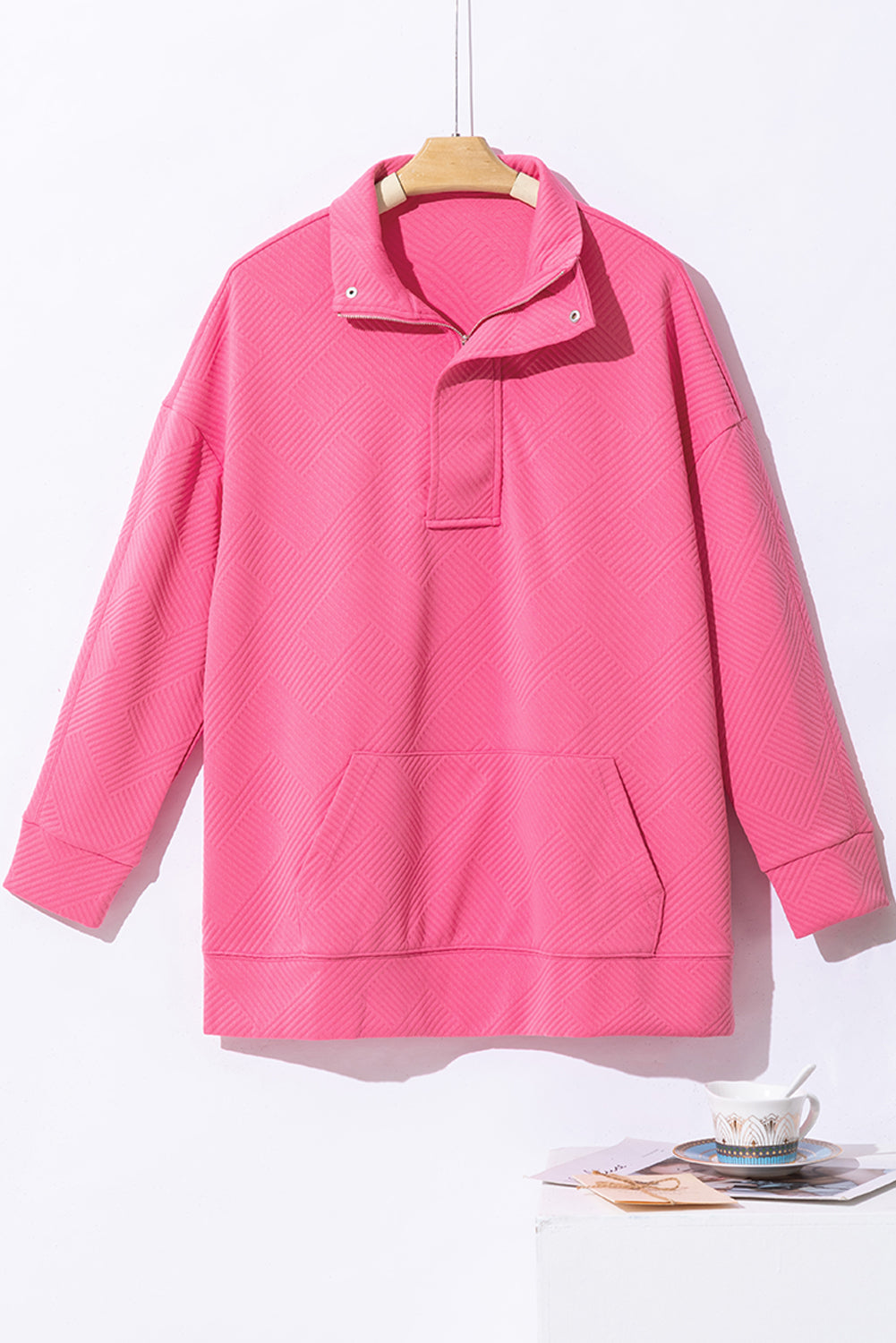 Textured Zipped Neckline Kangaroo Pocket Sweatshirt | Bright Pink