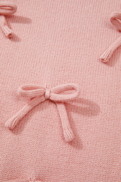 Ruffled Bowknot Ribbed Trim Long Sleeve Sweater | Light Pink