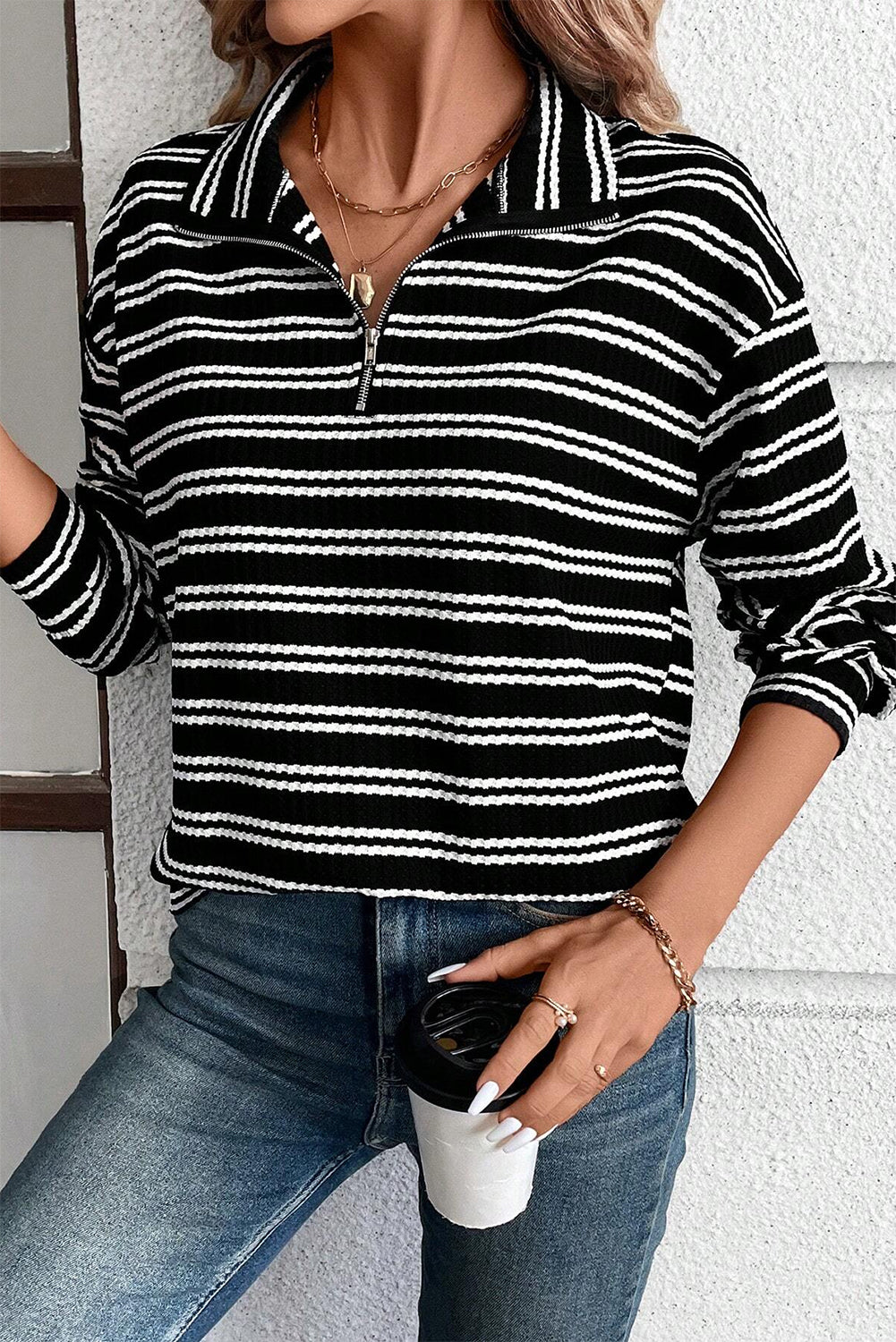 Textured Quarter Zip Collar Long Sleeve Top | Black Stripe