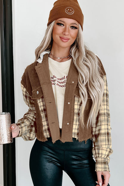 Plaid Patchwork Distressed Hooded Cropped Jacket | Brown