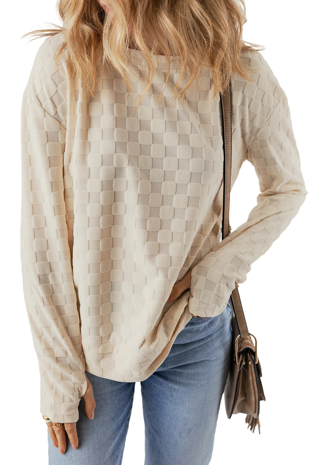 Solid Textured Thumbhole Sleeve Top | Beige