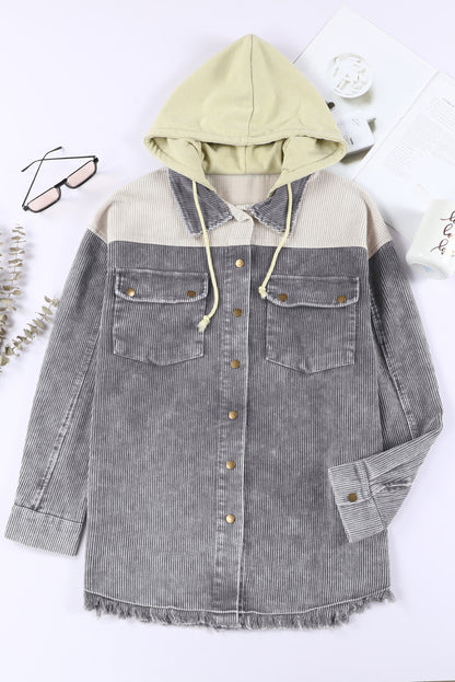 Colour Block Button Down Hooded Corduroy Jacket | Gray