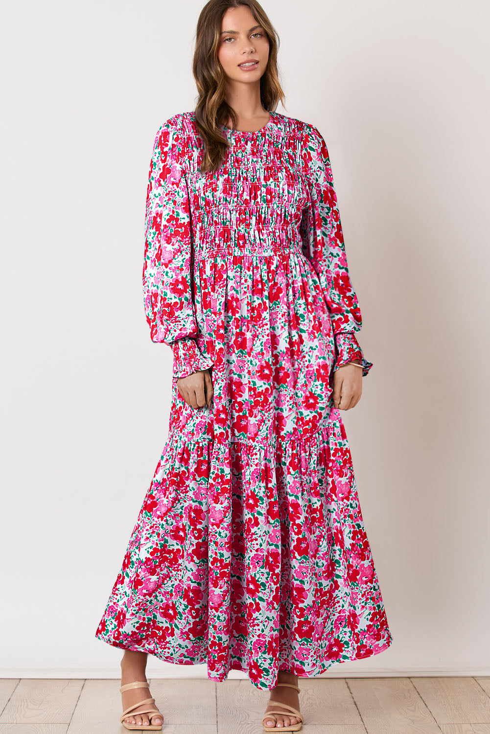 Floral Print Smocked Lantern Sleeve Tiered Maxi Dress | Sky Blue