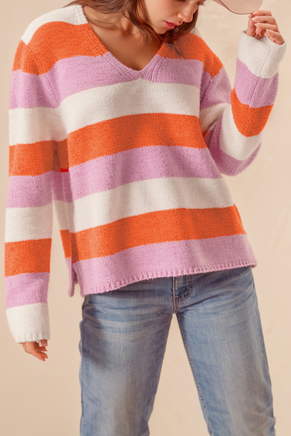 Colourblock V Neck Casual Sweater | Orange Stripe