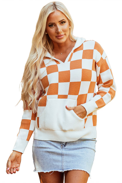 Checkered Split Neck Contrast Kangaroo Pocket Hooded Sweater | Gold Flame