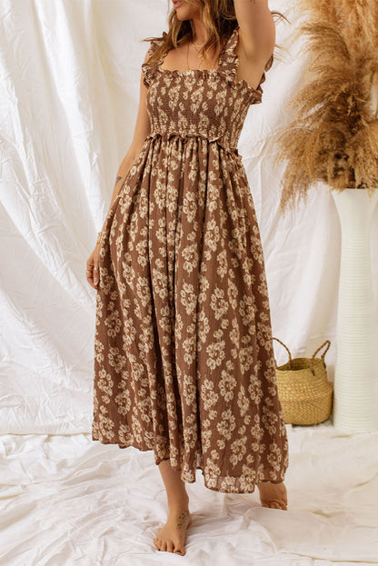 Ruffled Straps Smocked Floral Maxi Dress | Brown