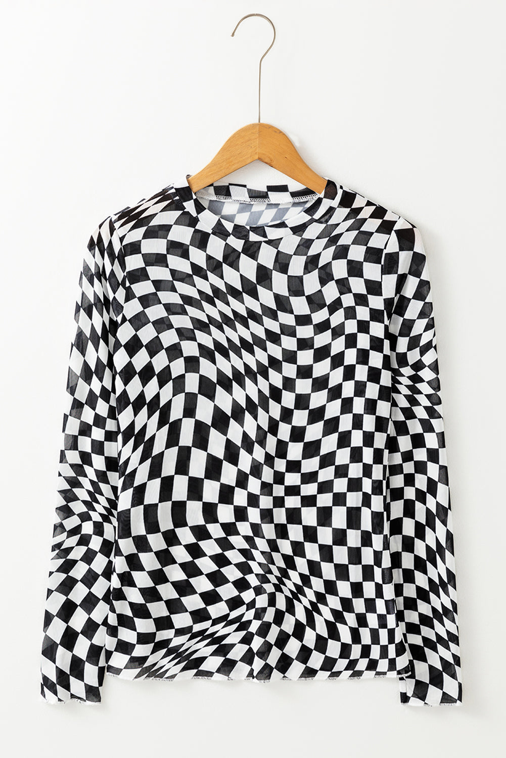 Checkered Pattern Mesh Mock Neck Long Sleeve Top | Black