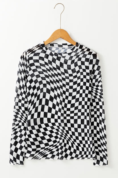 Checkered Pattern Mesh Mock Neck Long Sleeve Top | Black