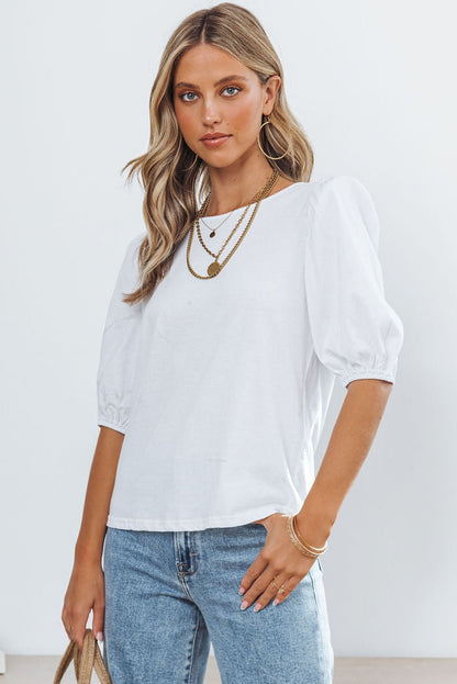 Puff Sleeve Top With Keyhole Back | White