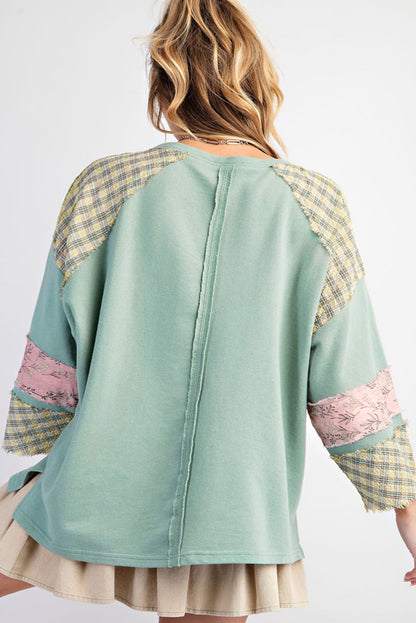 Plaid Floral Peace Heart Graphic Wide Long Sleeve Top | Clearly Aqua