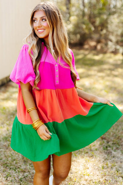 Colour Block Tiered Puff Sleeve Dress | Multicolour