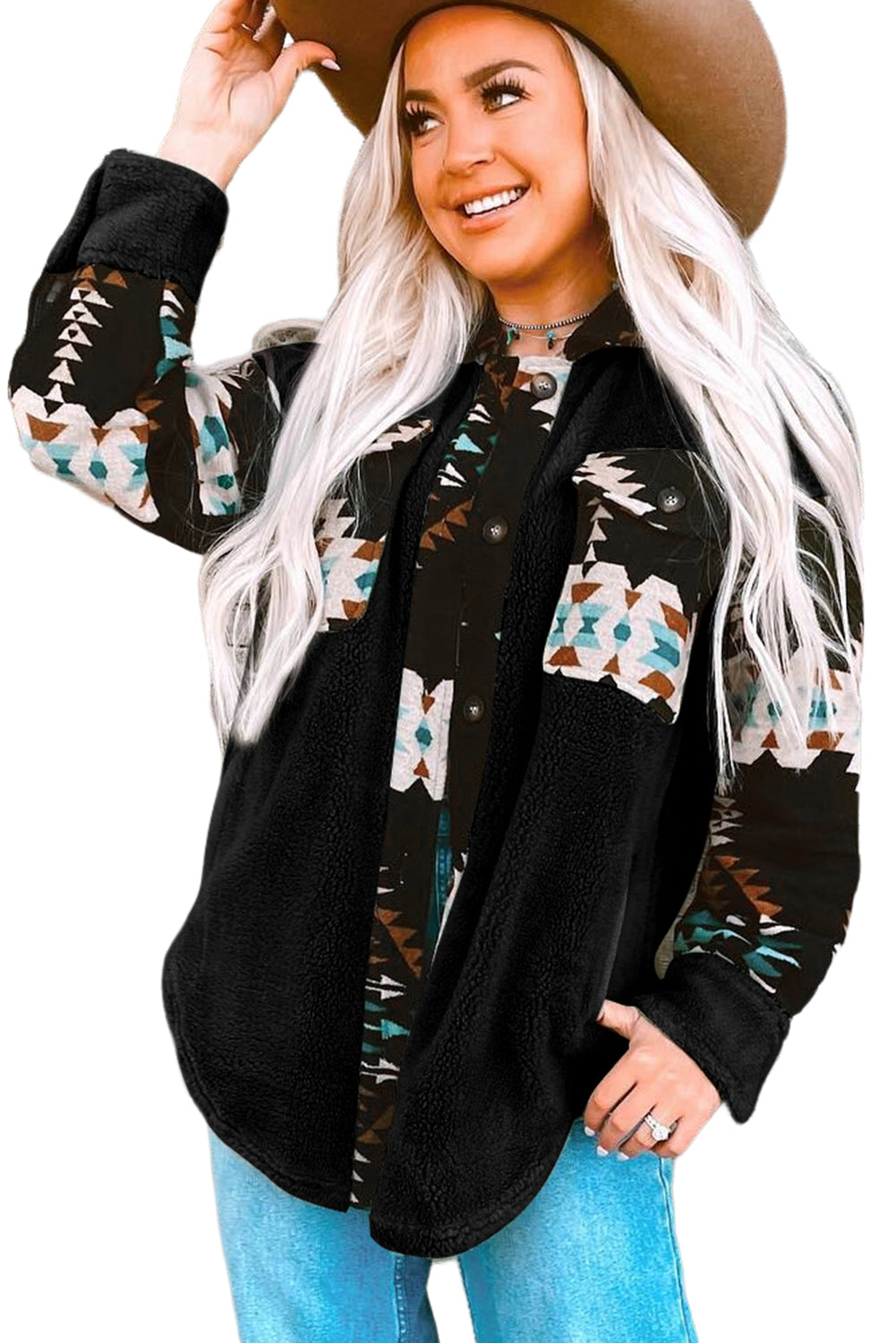 Western Aztec Print Accent Fleece Shacket | Black