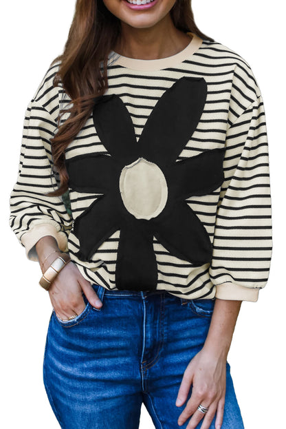 Black White Striped Big Flower Patched 3/4 Sleeve Top | Black white