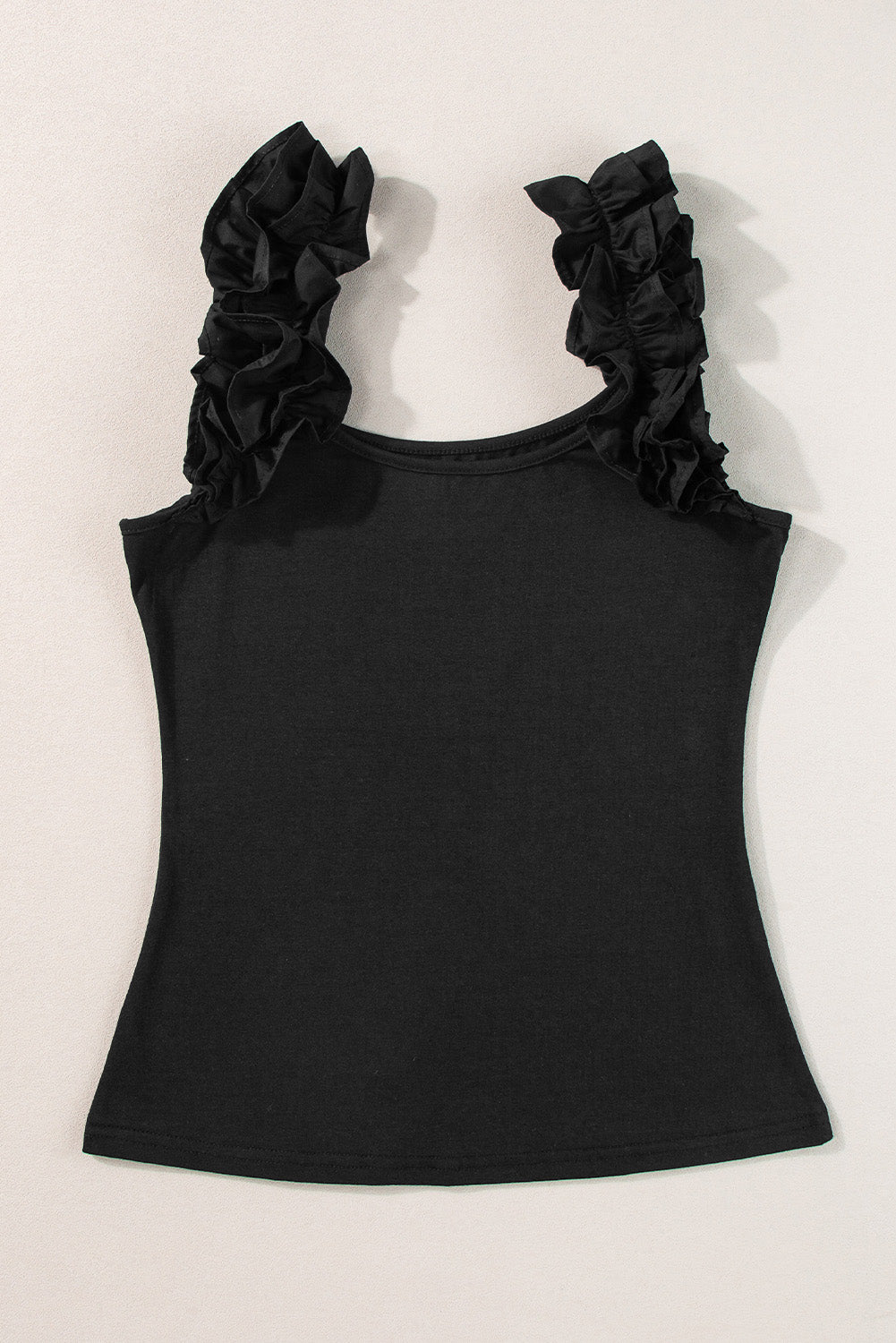 Ruffled Wide Straps Slim Tank Top | Black