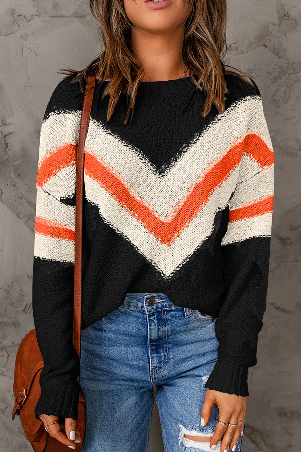 Chevron Striped Drop Shoulder Sweater | Black