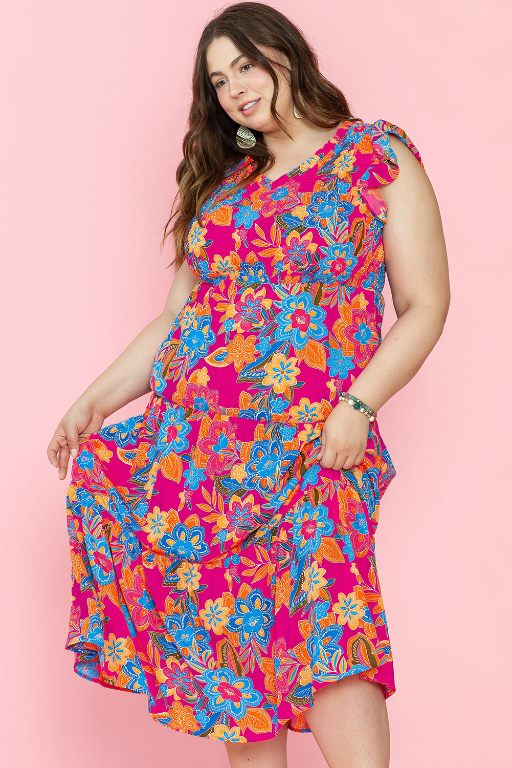 Floral Print Ruffled Sleeveless Plus Size Long Dress | Red