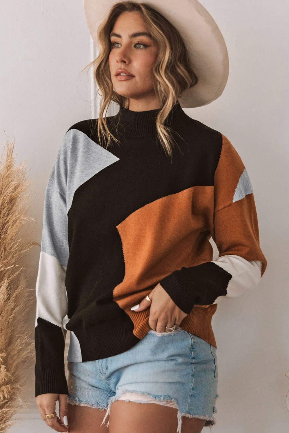 Colour Block Mock Neck Drop Shoulder Knit Sweater | Orange