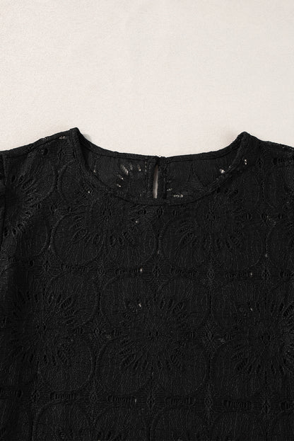 Flower Eyelet Jacquard Keyhole Flounce Sleeve Top | Black