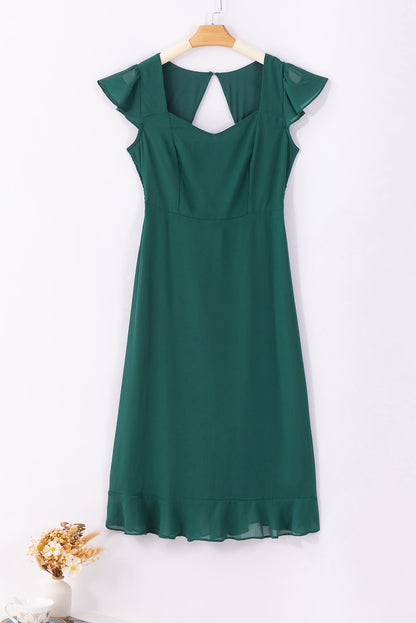 Shirred Open Back Sweetheart Neck Ruffled Midi Dress | Sea Green