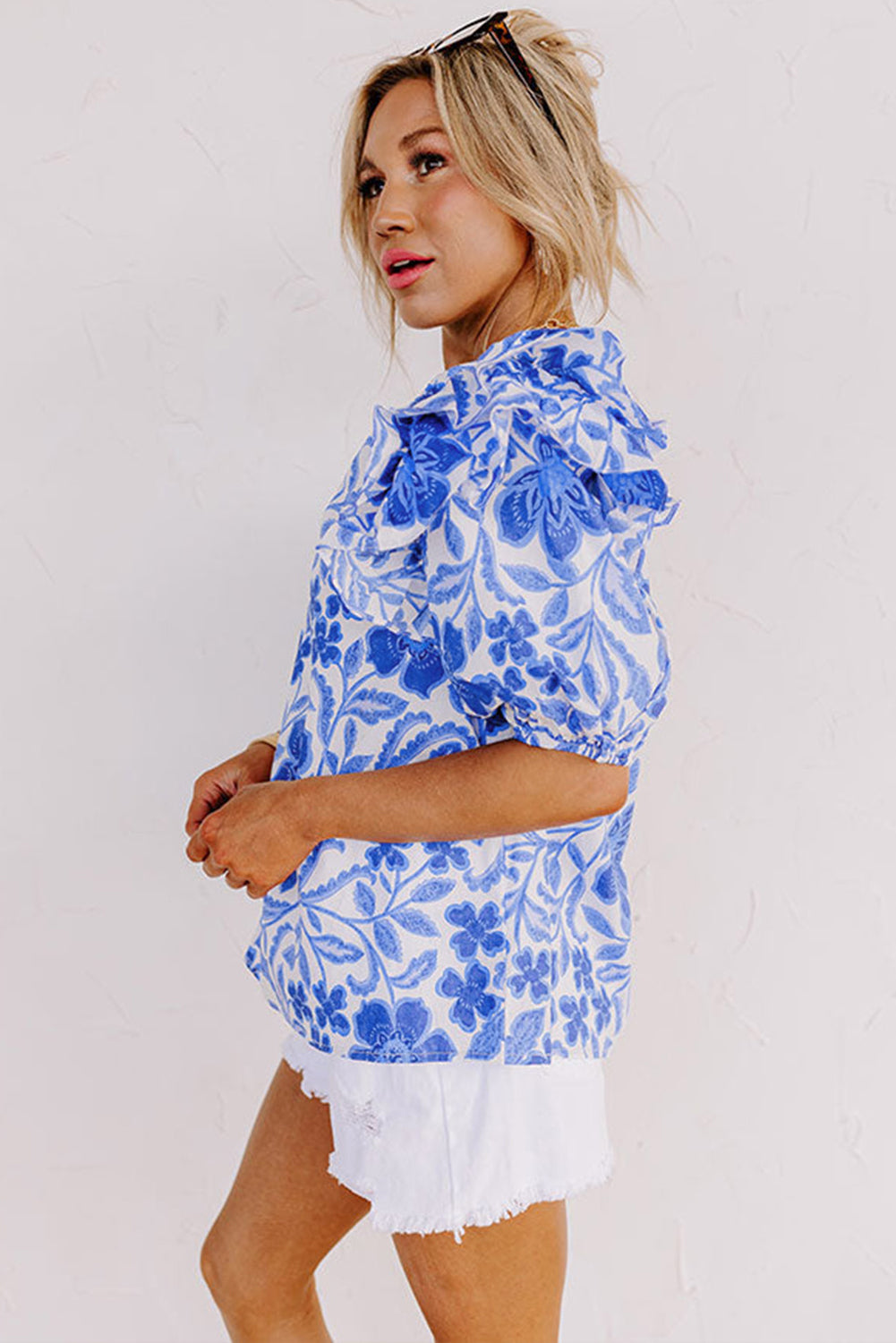 Floral Print Ruffled Bubble Sleeve Blouse | Dark Blue