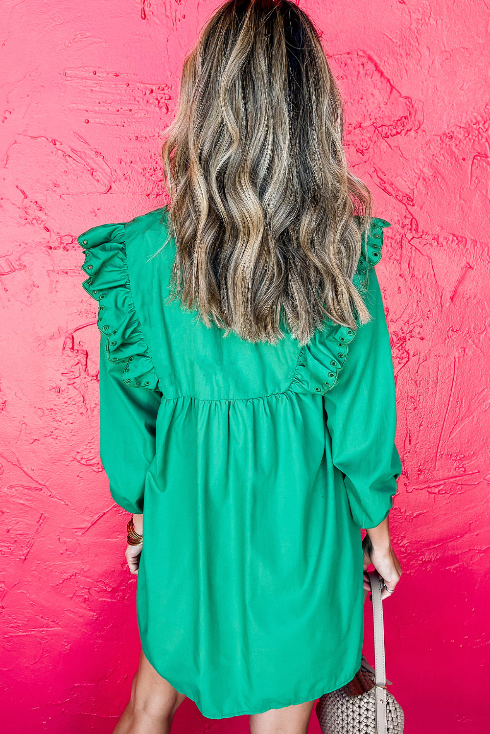 Embroidered Ruffled Trim 3/4 Sleeve V Neck Mini Dress | Bright Green