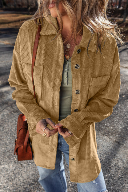 Patched Pocket Button Up Corduroy Shacket | Light French Beige