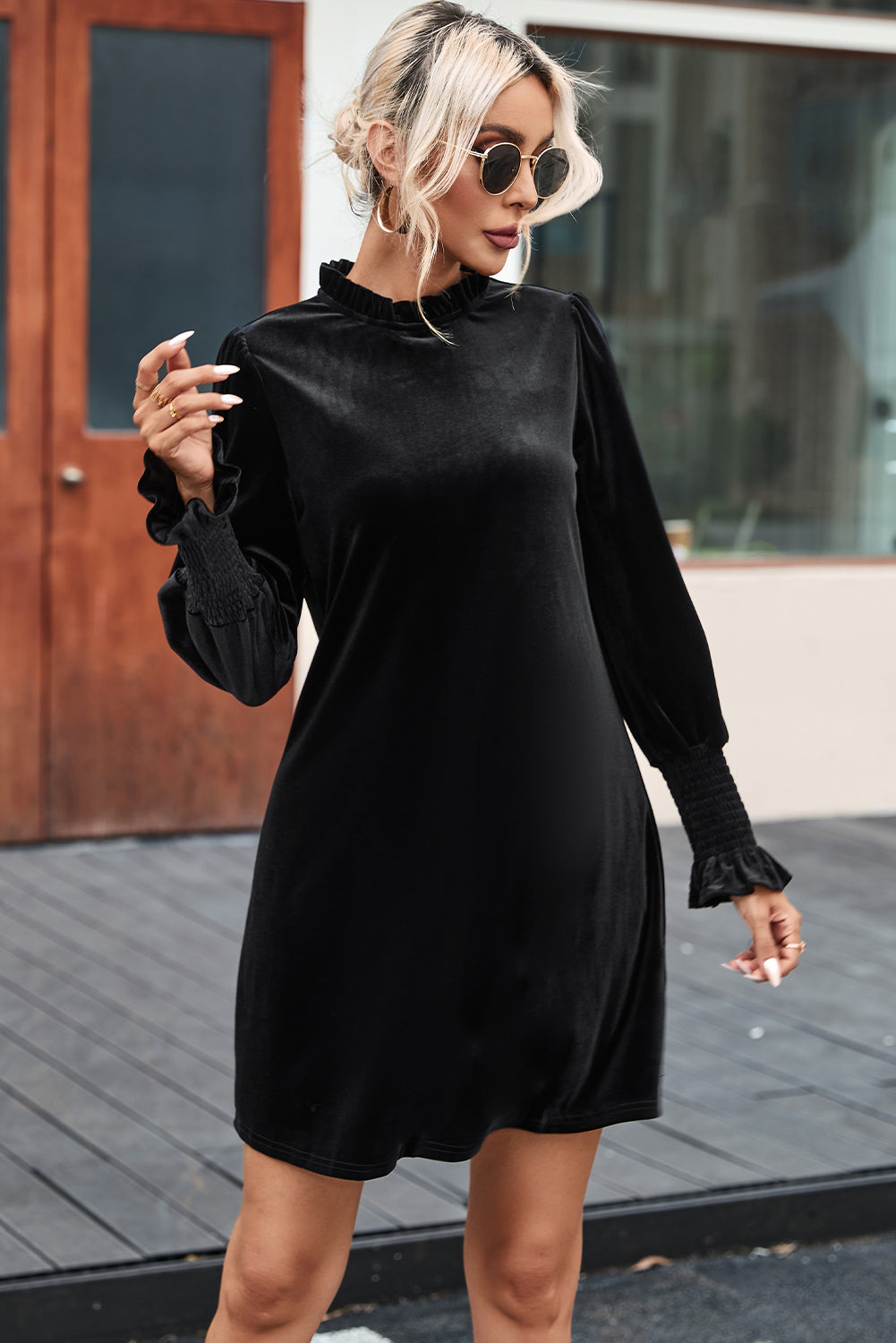 Velvet Frill Neck Long Sleeve Shift Dress | Black