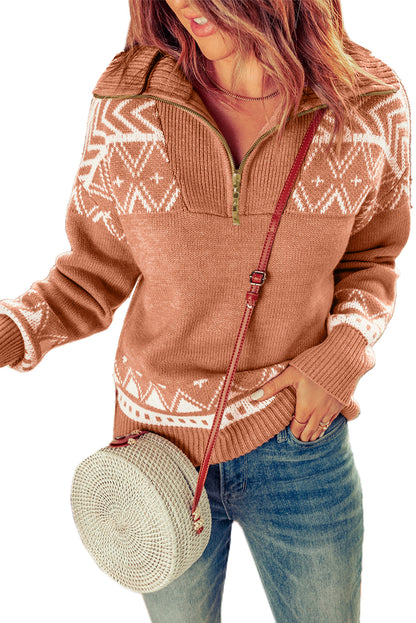 Geometry Knit Quarter Zip Sweater | Pink