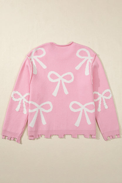 Pearl Beaded Bowknot Pattern Distressed Split Hem Sweater | Pink